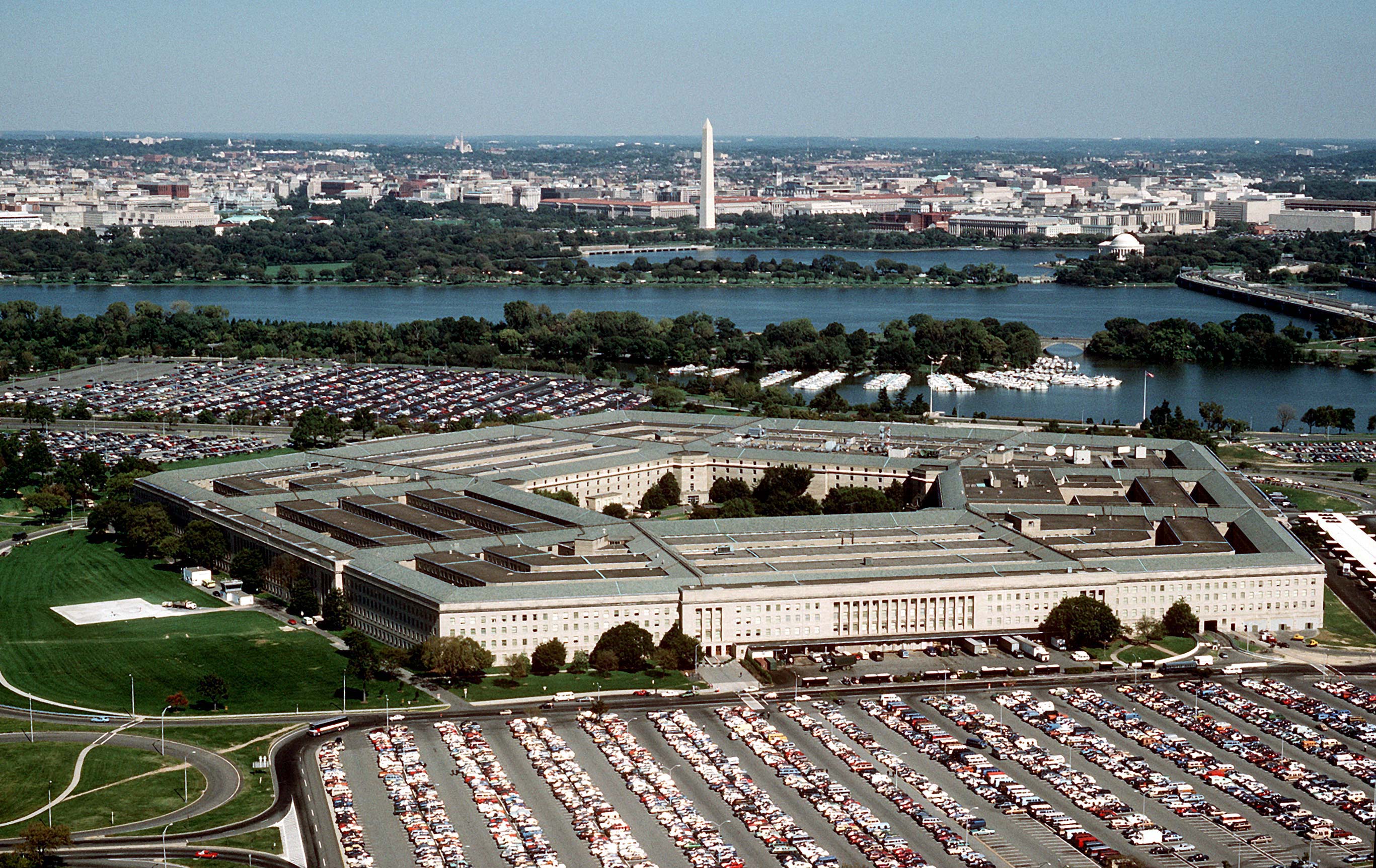 View of the Pentagon in Arlington, VA overlooking Washington Monument