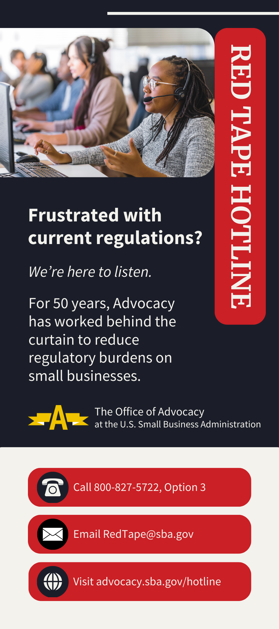 Front page display of the Red Tape Hotline rack card